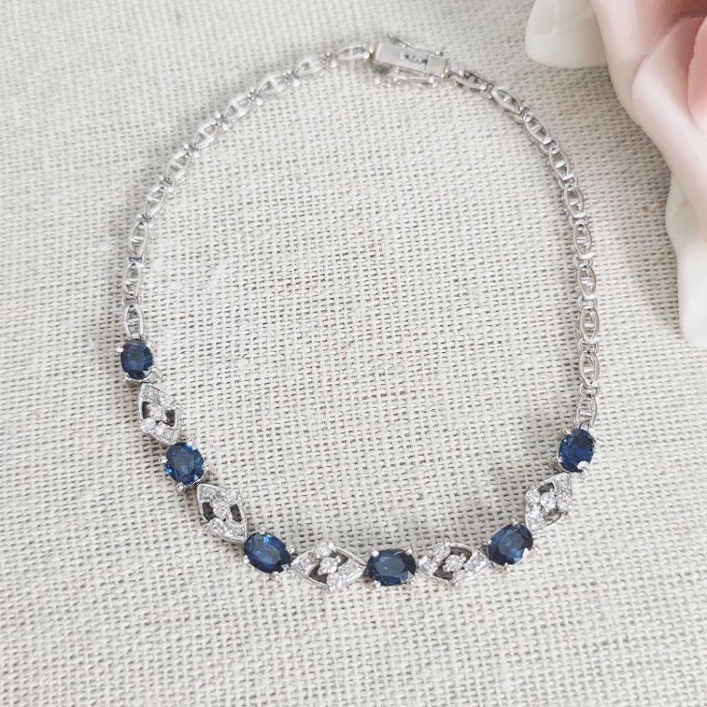 VINTAGE 14k White Gold Diamond Blue Shappire Bracelet